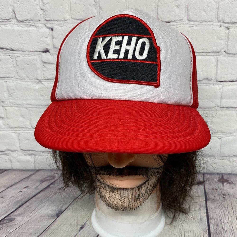 Vintage Trucker Hat Foam Cap Red White KEHO Embroidered Logo Patch Air Dryer